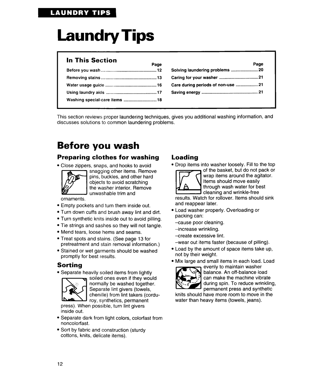 Whirlpool RAL6245BL0 warranty Laundry Tips, Before you wash 