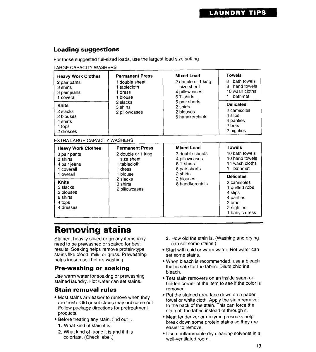 Whirlpool RAL6245BL0 warranty Removing stains, Loading Suggestions, Pre-washing or soaking, Stain removal rules 