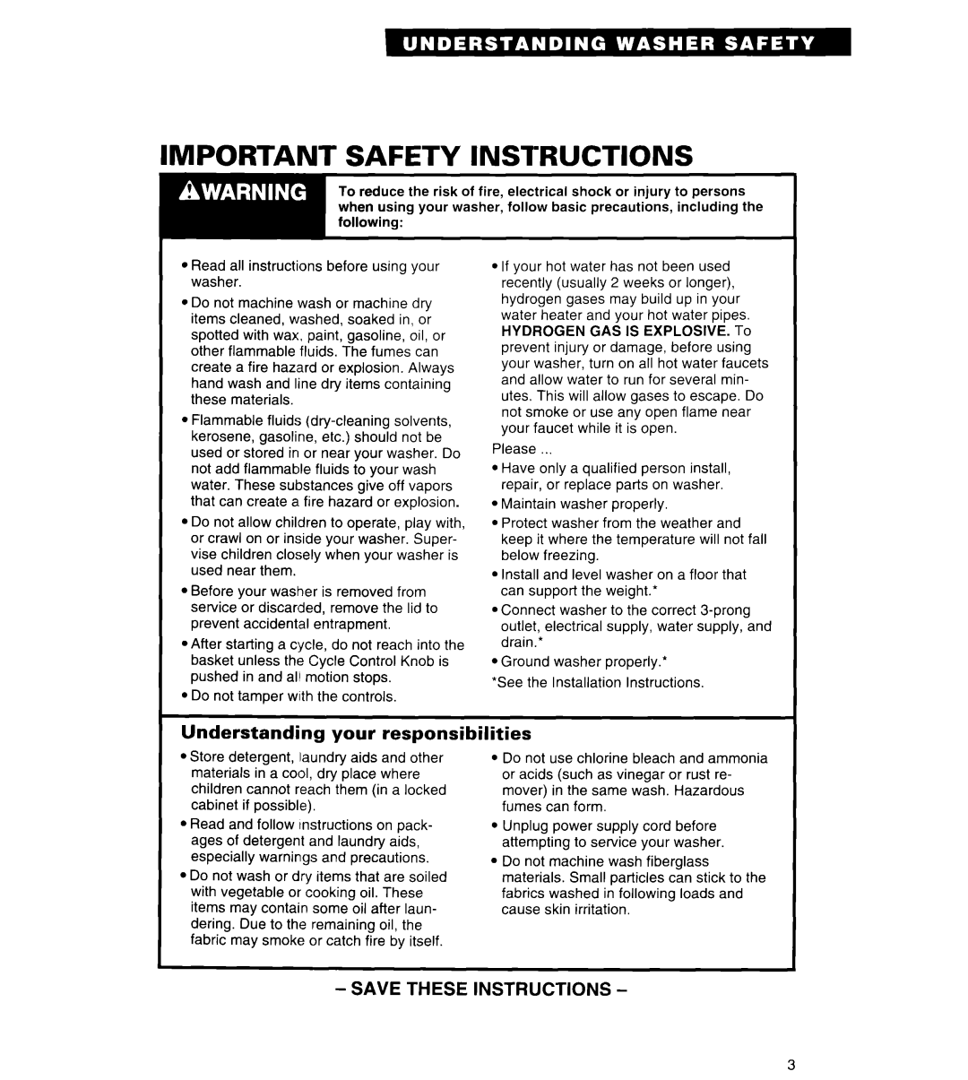 Whirlpool RAL6245BL0 warranty Important Safety Instructions, Understanding your responsibilities 