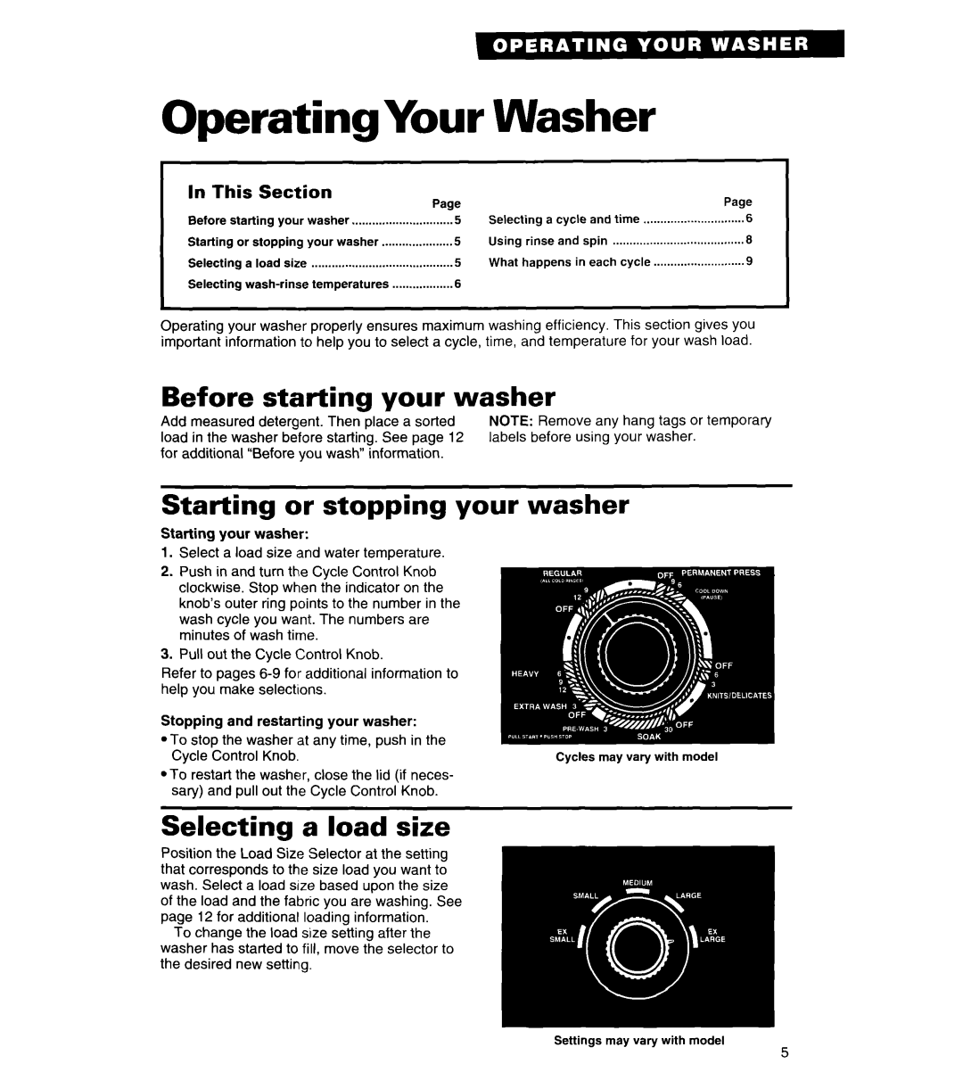 Whirlpool RAL6245BL0 Washer, Before starting your washer, Starting or stopping your washer, Selecting a load size, This 