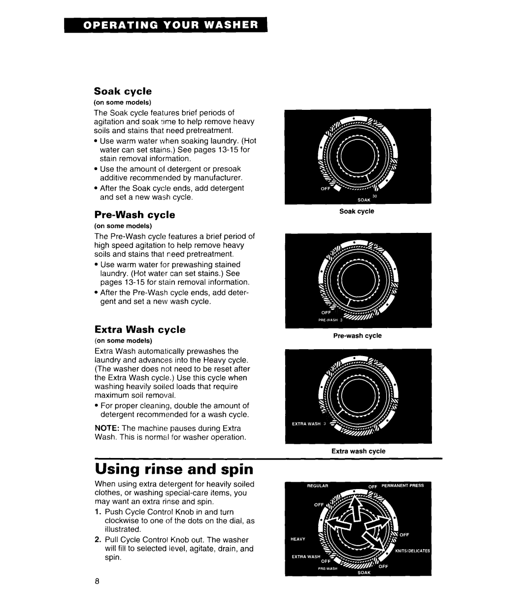 Whirlpool RAL6245BL0 warranty Using rinse and spin, Soak cycle, Pre-Wash cycle, Extra Wash cycle 