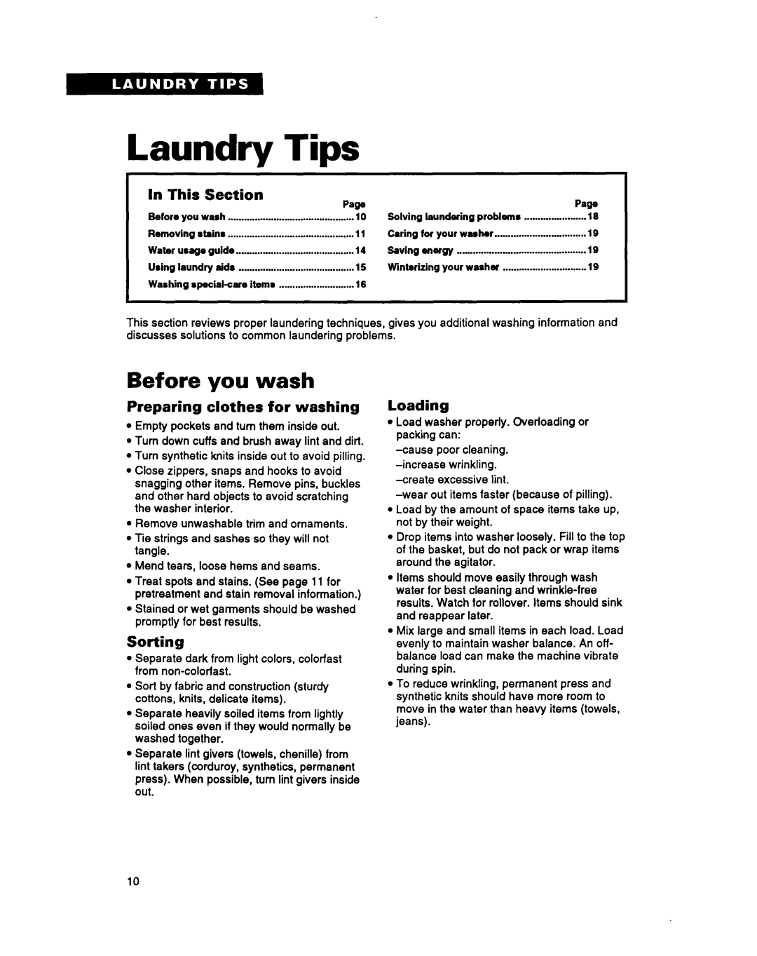 Whirlpool RAM4131A warranty Before you wash, This, Preparing clothes for washing, Sorting, Loading 