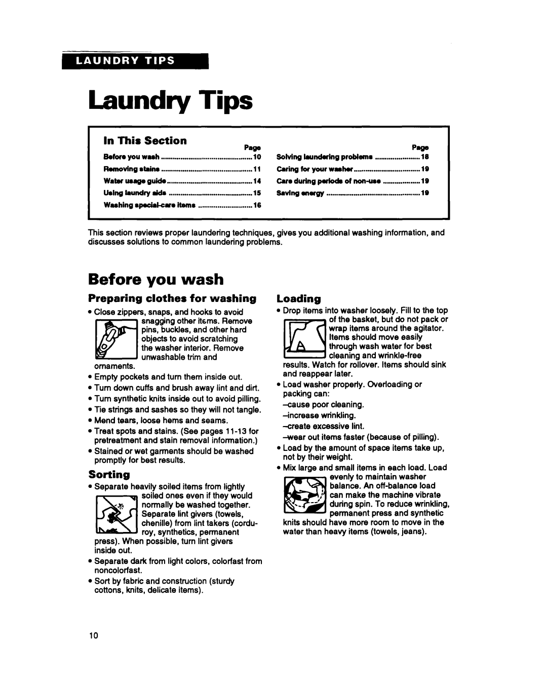 Whirlpool RAM4132B warranty Laundry, Before you wash, Preparing clothes for washing, Sorting, Loading 