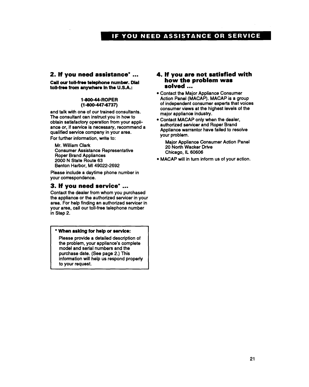 Whirlpool RAM4132B If you need assistance, If you need service, If you are not satisfied with how the problem was solved 