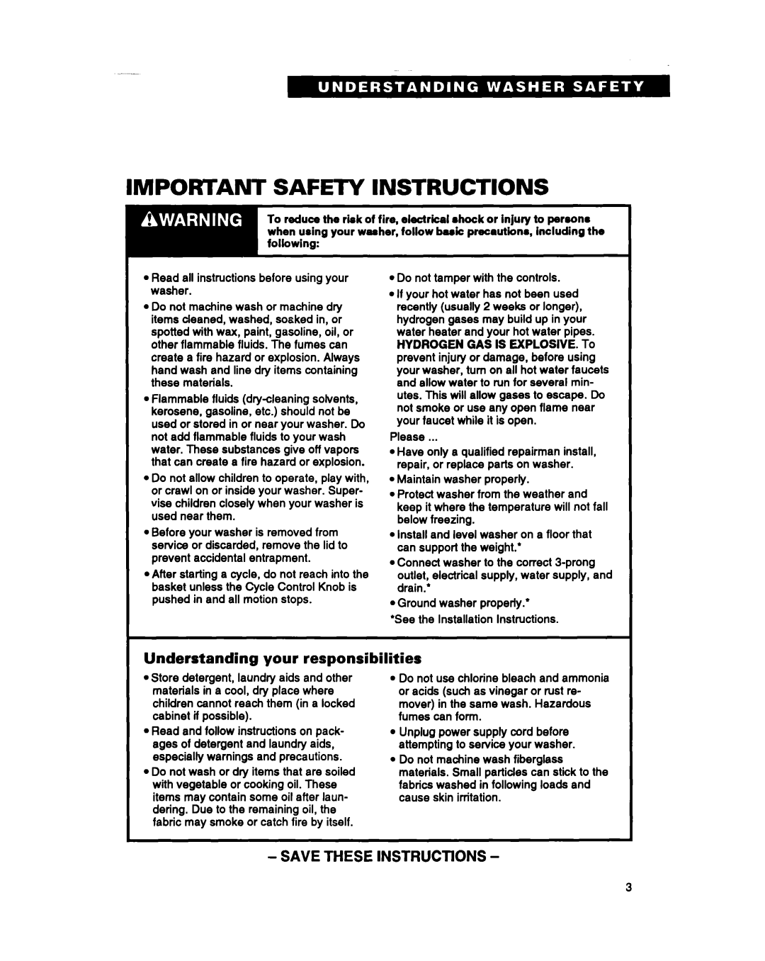 Whirlpool RAM4132B warranty Important Safety Instructions, Understanding your responsibilities 