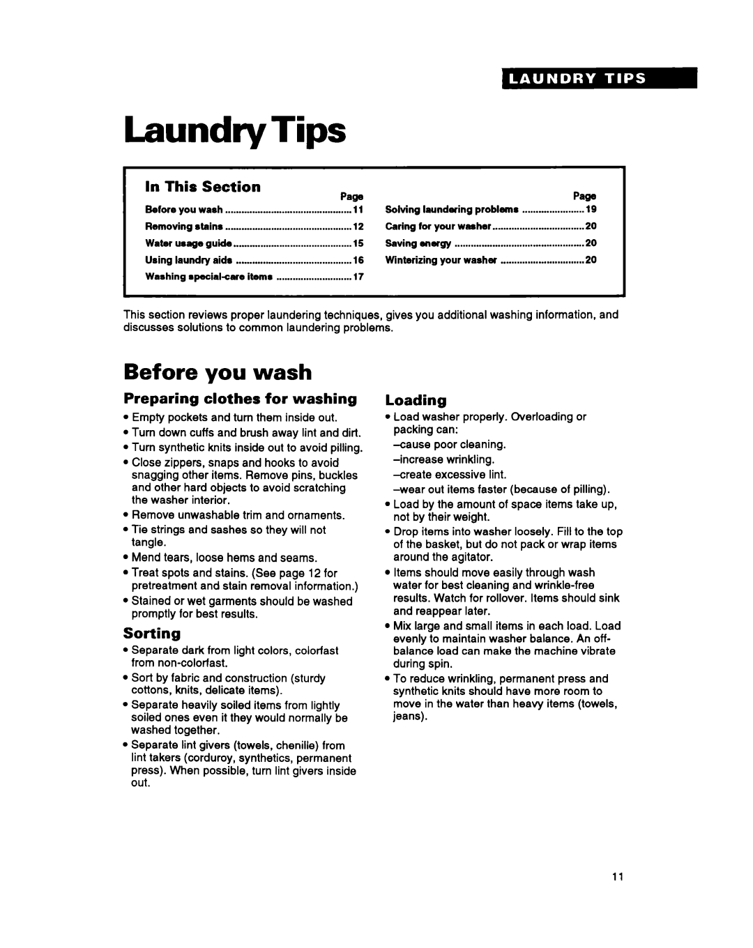 Whirlpool RAM4143A warranty Laundry, Before you wash, Preparing clothes for washing, Sorting, Loading 