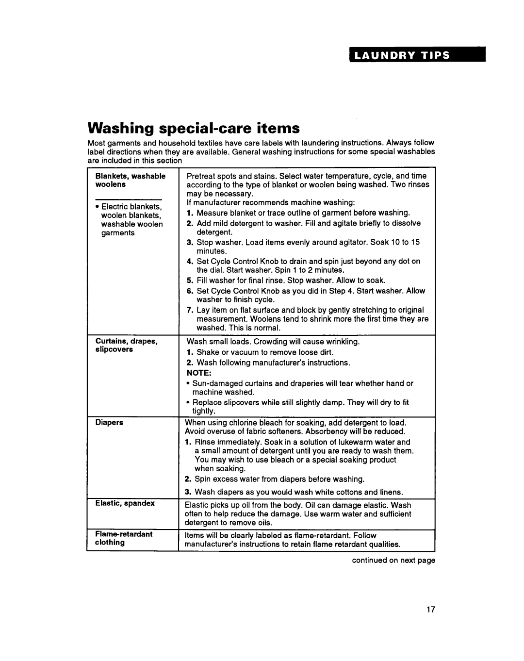 Whirlpool RAM4143A warranty Washing special-care items, As flame-retardant. Follow, To retain flame retardant qualities 