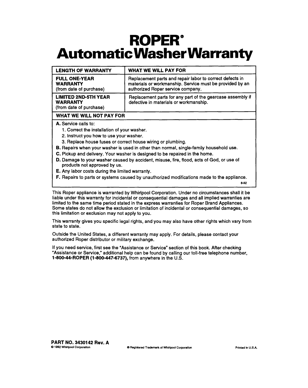 Whirlpool RAM4143A warranty Automatic Washer Warranty, From date of purchase 