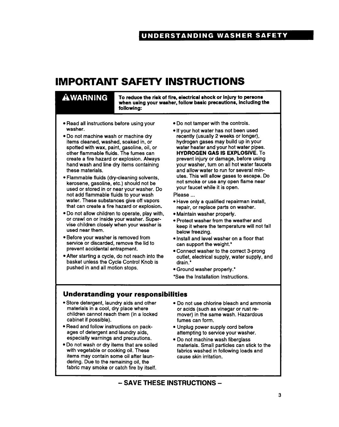 Whirlpool RAM4143A warranty Important Safety Instructions, Understanding your responsibilities 