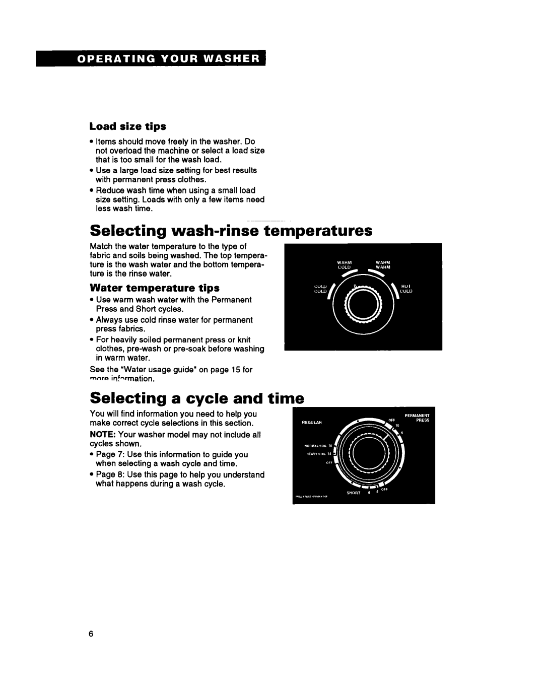 Whirlpool RAM4143A Selecting wash-rinse temperatures, Selecting a cycle and time, Load size tips, Water temperature tips 