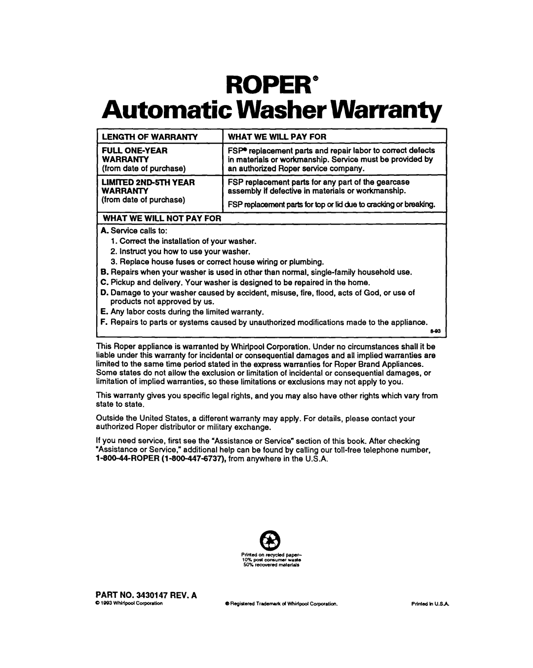 Whirlpool RAM5243A Automatic Washer Warranty, Length of Warranty, From date of purchase Limited 2ND5lH Year Warranty 