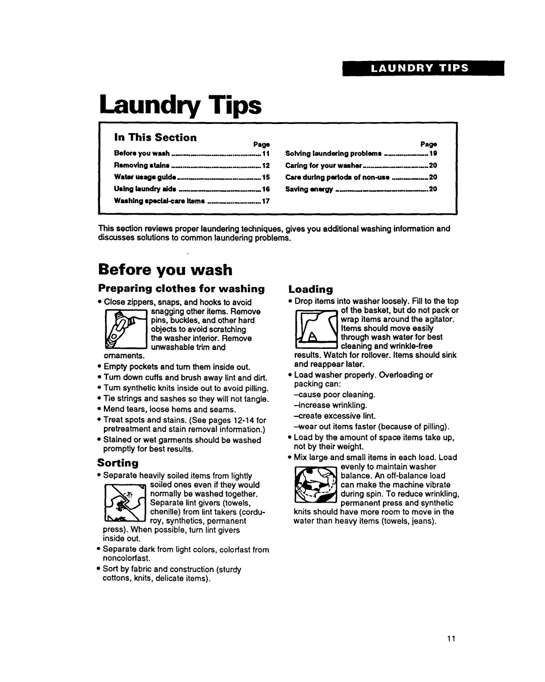 Whirlpool RAM5243A Tips, Laundry, Before you wash, Preparing clothes for washing, Sorting, Loading, In This, Section 