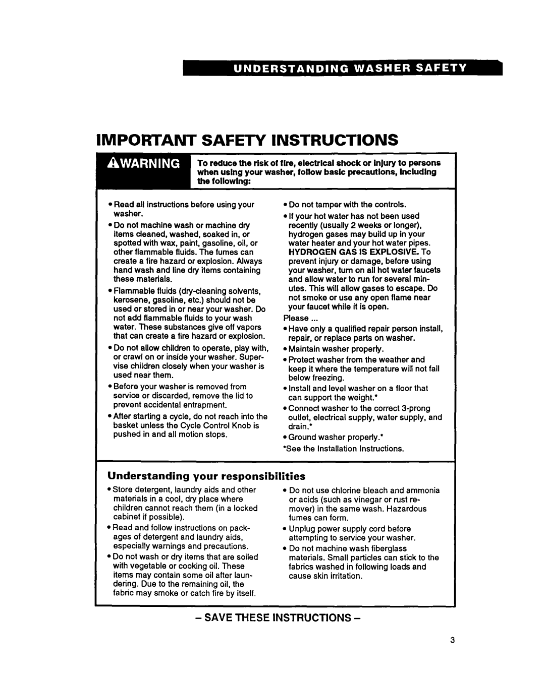 Whirlpool RAM5243A warranty Important Safety Instructions, Understanding your responsibilities, Save These Instructions 