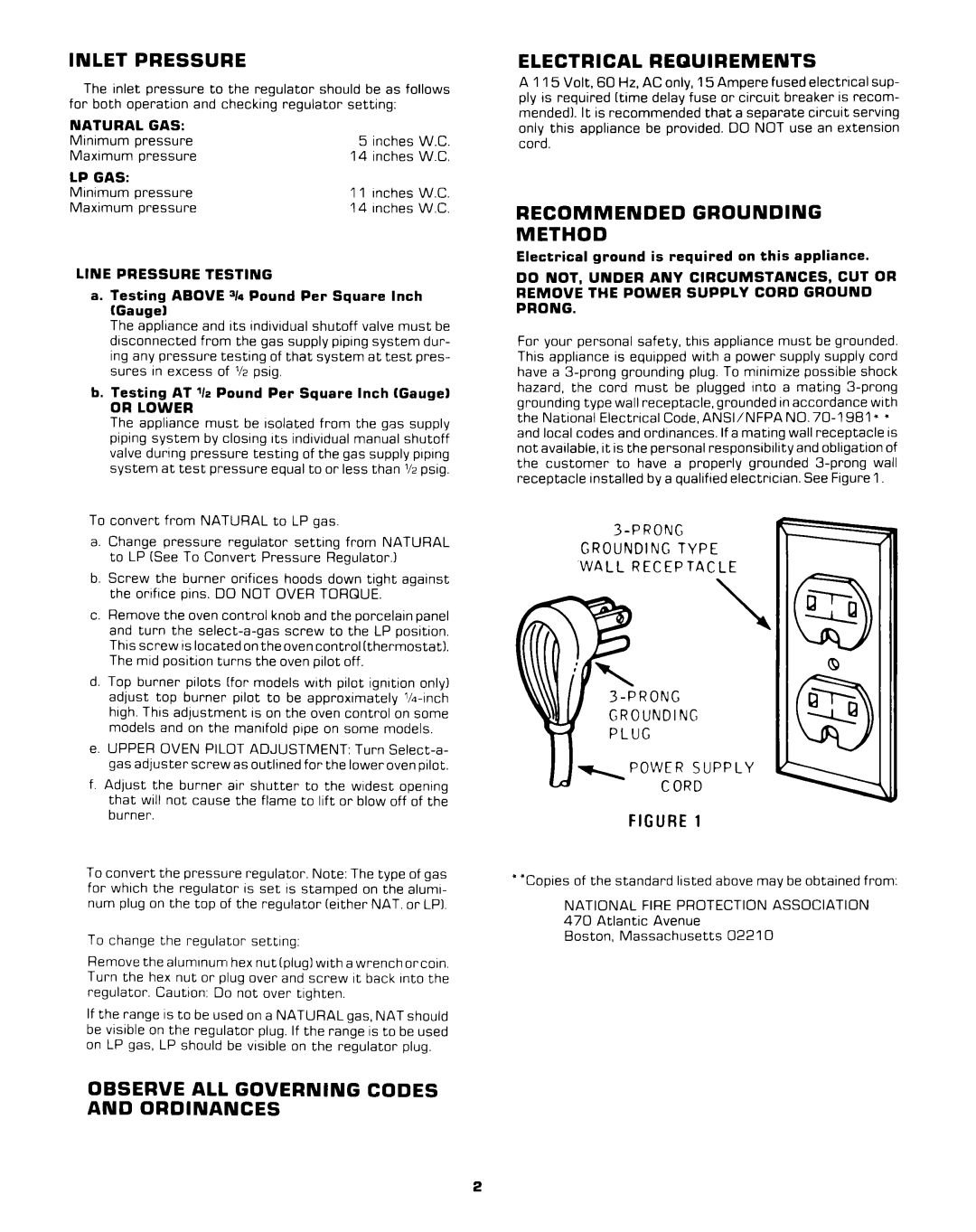 Whirlpool Range installation instructions Inlet Pressure, Recommended Grounding Method 