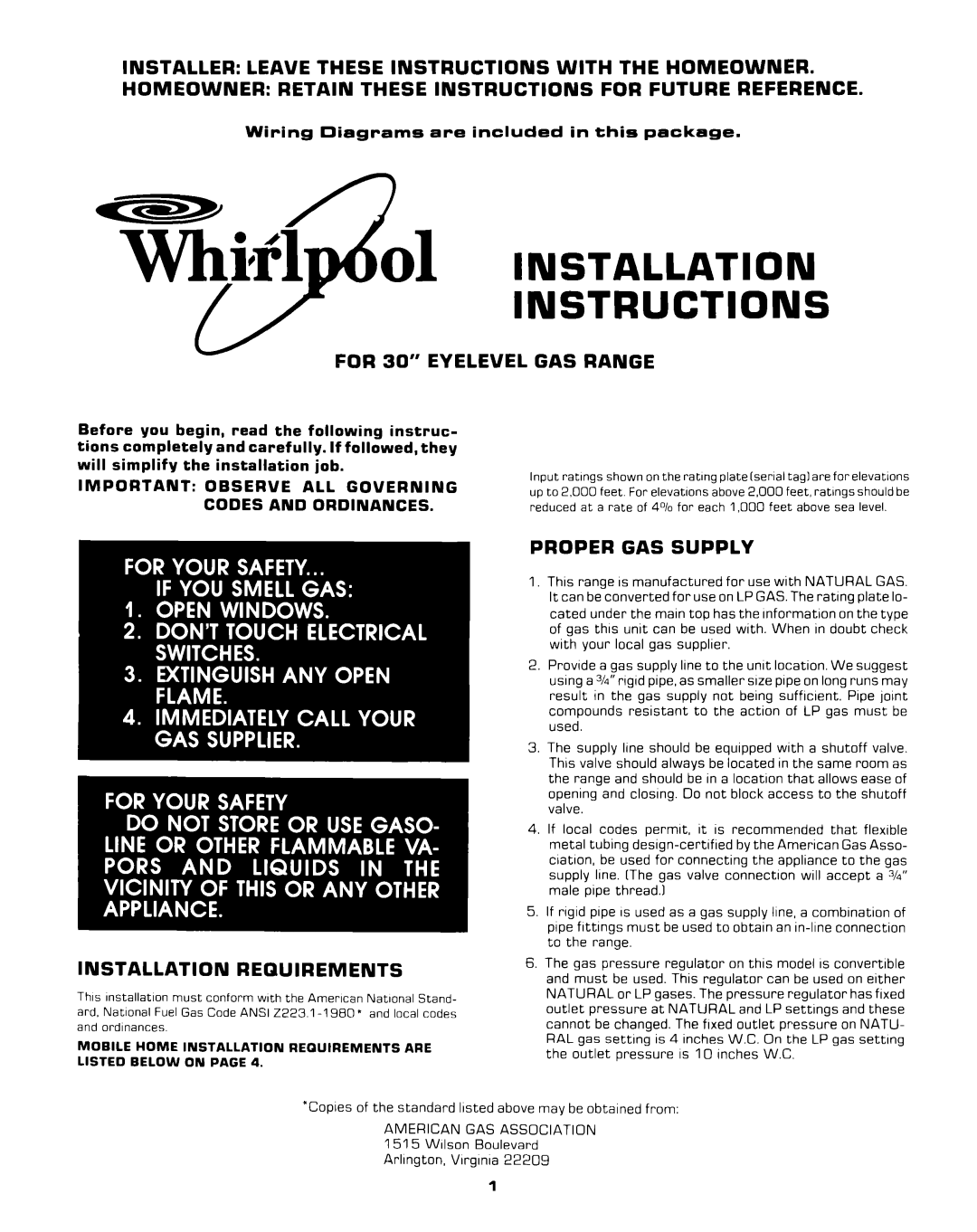 Whirlpool Range installation instructions FOR 30” EYELEVEL GAS RANGE, Proper Gas Supply, Installation Requirements 