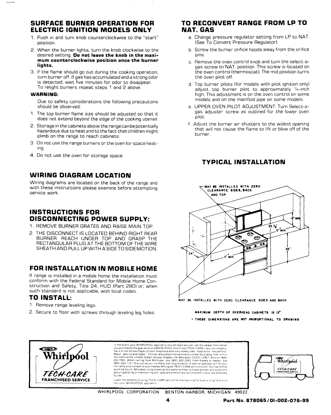 Whirlpool Range Wiring Diagram Location, Instructions For Disconnecting Power Supply, Typical Installation, To Install 