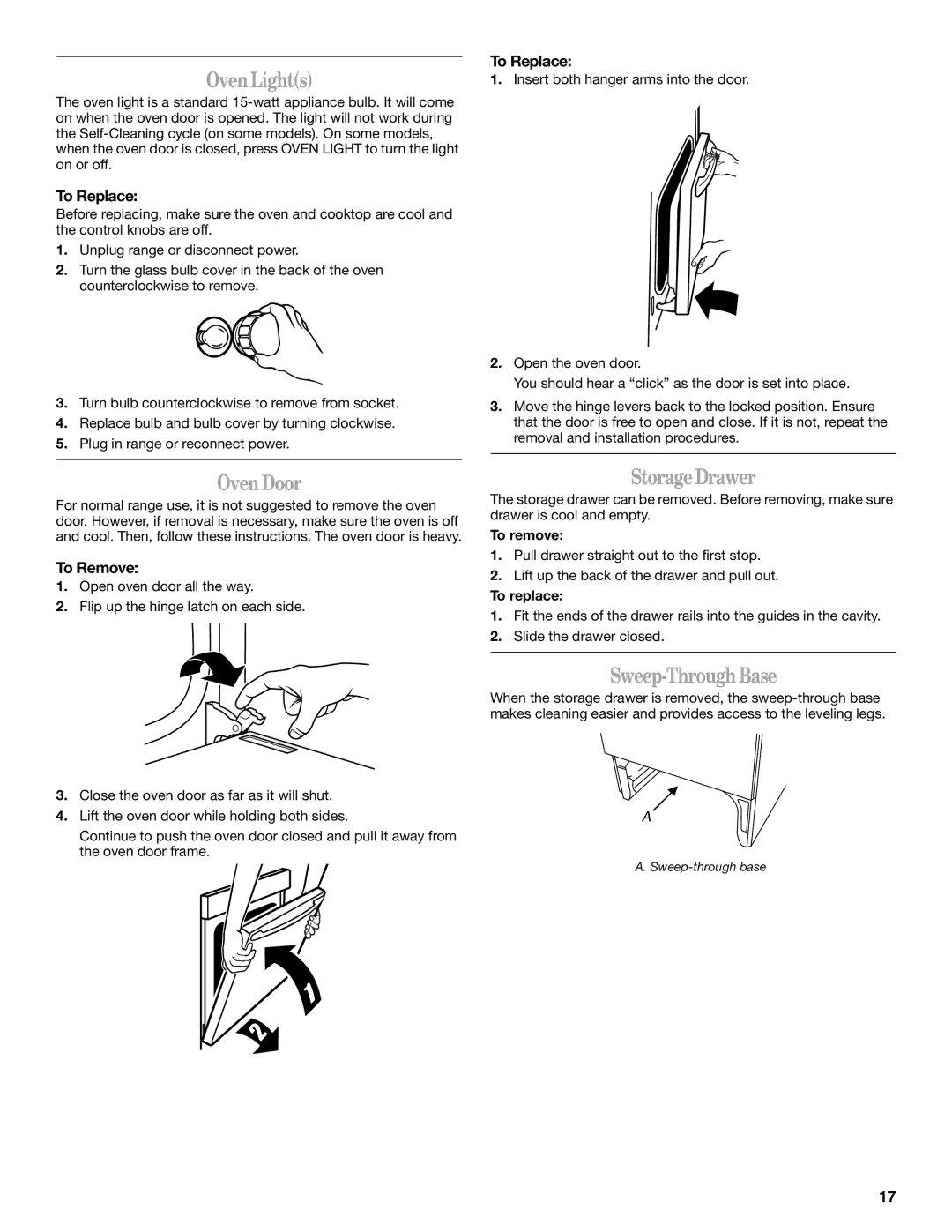 Whirlpool Ranges manual OvenLights, Oven Door, StorageDrawer, Sweep-Through Base 
