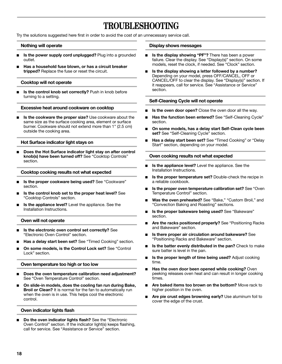 Whirlpool Ranges manual Troubleshooting 