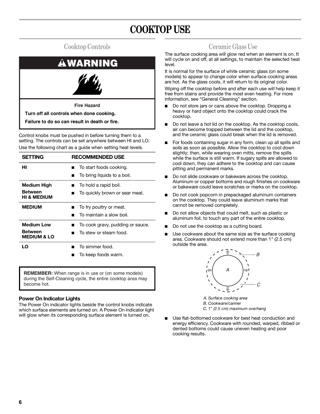 Whirlpool Ranges manual Cooktop USE, CooktopControls, Ceramic Glass Use, Setting Recommended USE, Power On Indicator Lights 