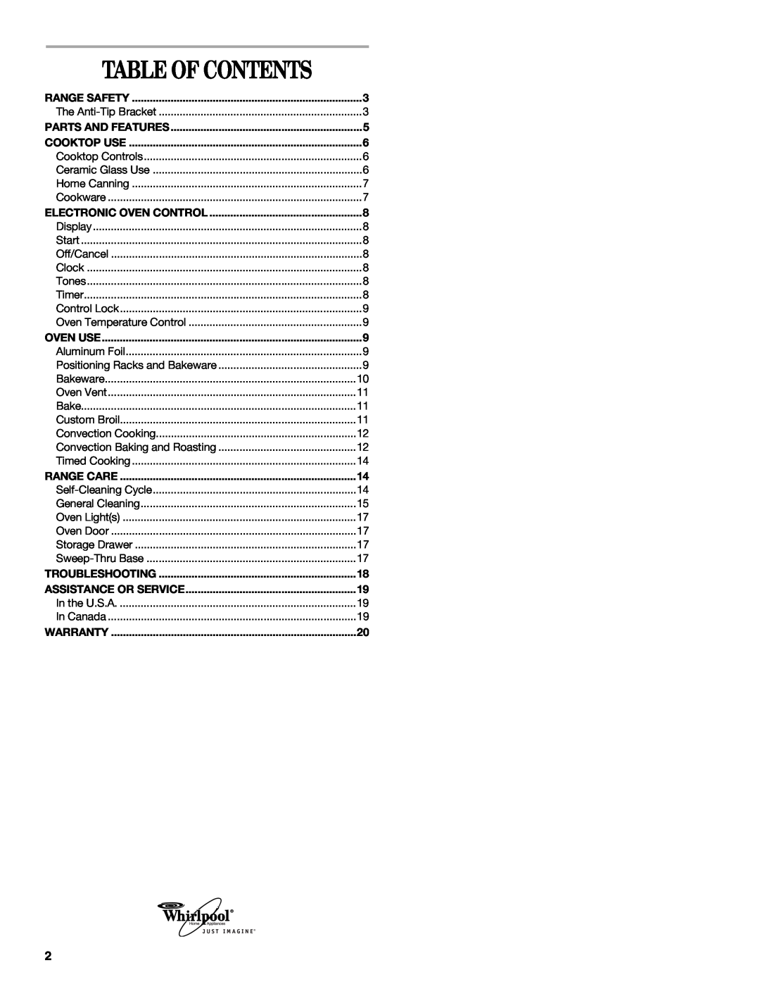 Whirlpool Ranges manual Table Of Contents 