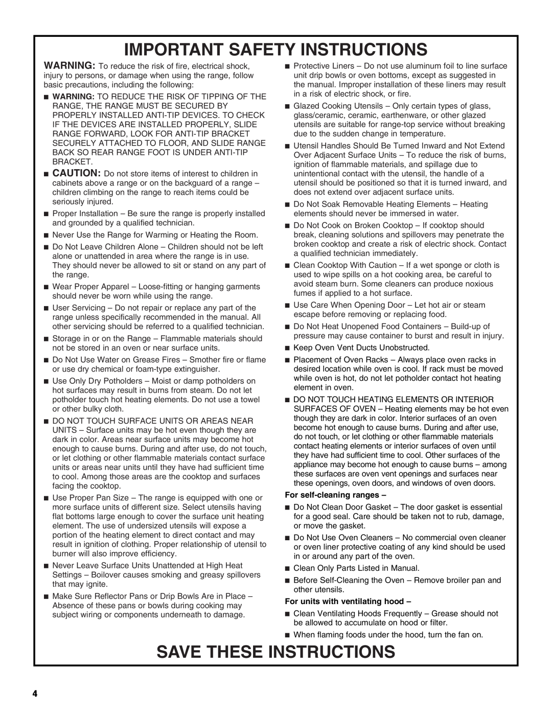 Whirlpool Ranges manual Important Safety Instructions, Save These Instructions, For self-cleaningranges 
