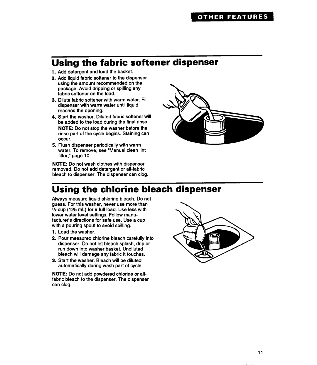 Whirlpool RAP5244A warranty Using the fabric softener dispenser, Using the chlorine bleach, Dispenser 