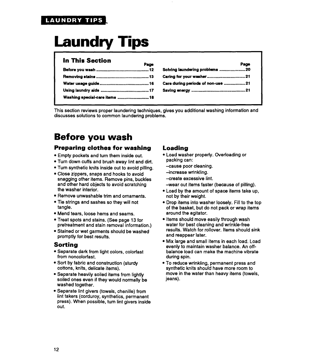 Whirlpool RAP5244A warranty Laundry Tips, Before you wash, Preparing clothes for washing, Sorting, Loading 