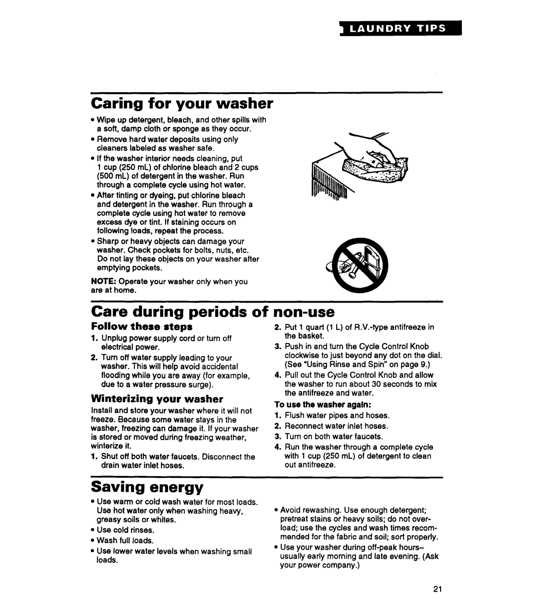 Whirlpool RAP5244A warranty Caring for your washer, Care during periods, Non-use, Saving energy 