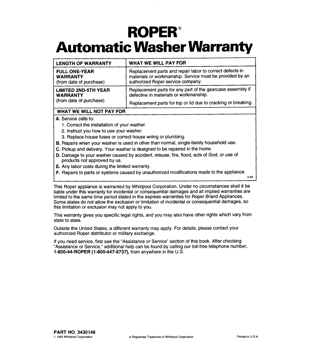 Whirlpool RAP5244A warranty Automatic Washer Warranty, From date of ourchase, From date of purchase 