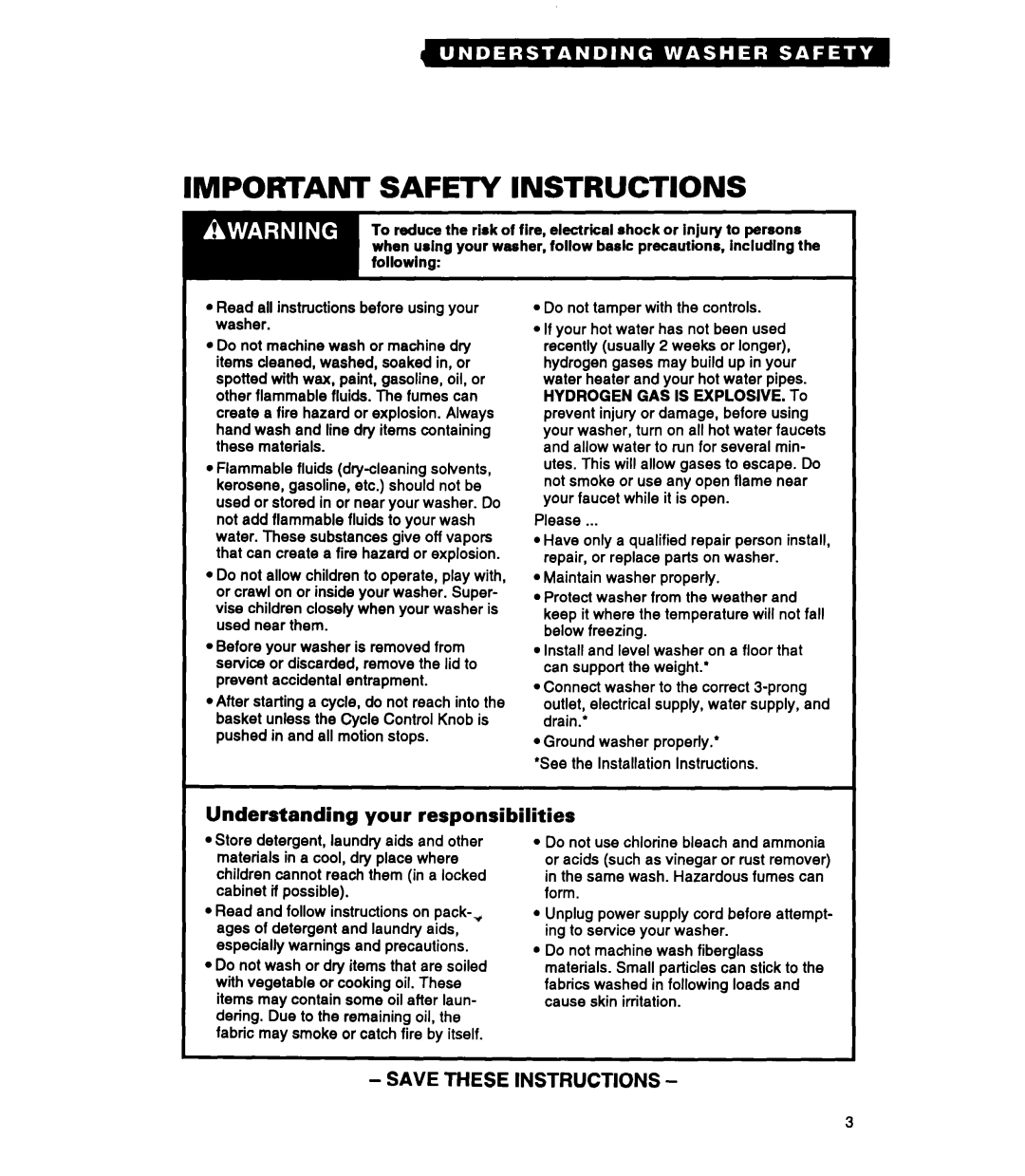 Whirlpool RAP5244A warranty Important Safety Instructions, Understanding your responsibilities 