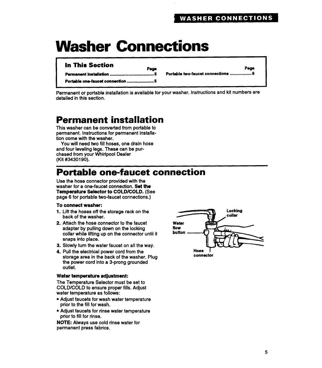 Whirlpool RAP5244A Washer Connections, Permanent installation, Portable one-faucet connection, IIn This Section Pa!PPaw 