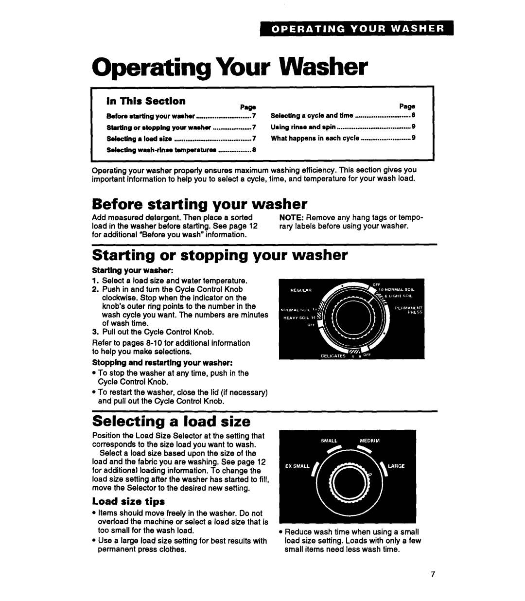 Whirlpool RAP5244A Operating Your, Before starting your washer, Starting or stopping your washer, Selecting a load size 