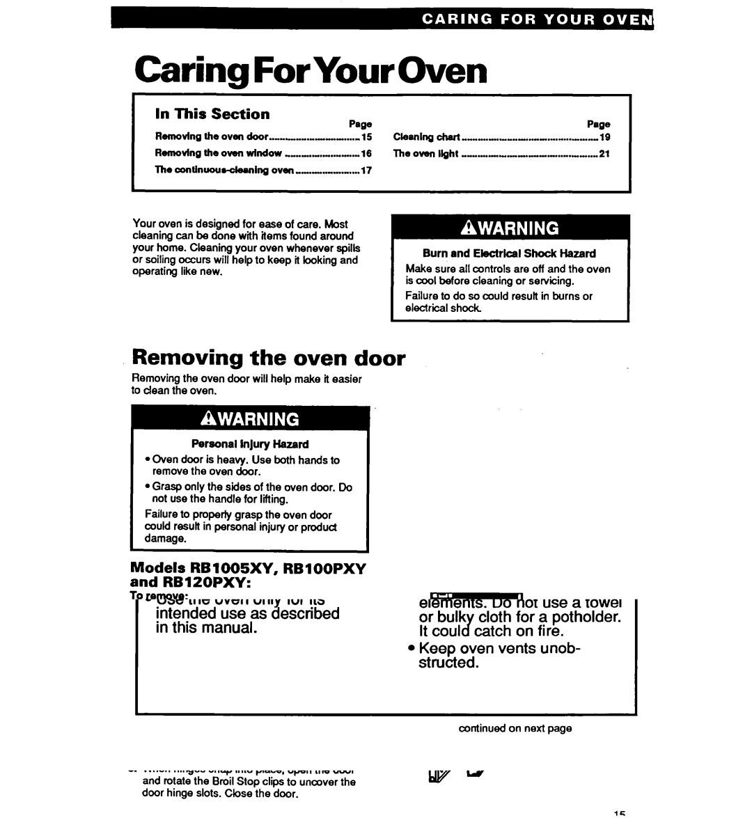 Whirlpool RB220PXY Caring ForYour Oven, Removing the oven door, This Section, Models RB 1005XY, RB 1OOPXY and RBlZOPXY 