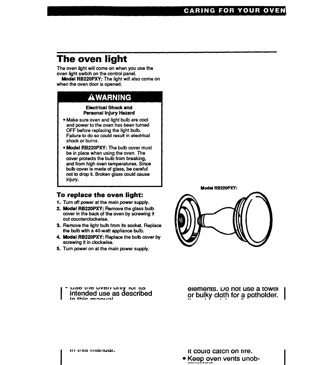 Whirlpool RB120PXY, RB1005XY, RBl OOPXY, RB220PXY warranty Oven light, To replace the oven light 