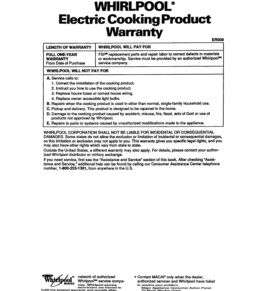 Whirlpool RB1005XY, RB120PXY, RBl OOPXY Electric Cooking Product Warrantv, Length of Warranty, Whirlpool will PAY for 