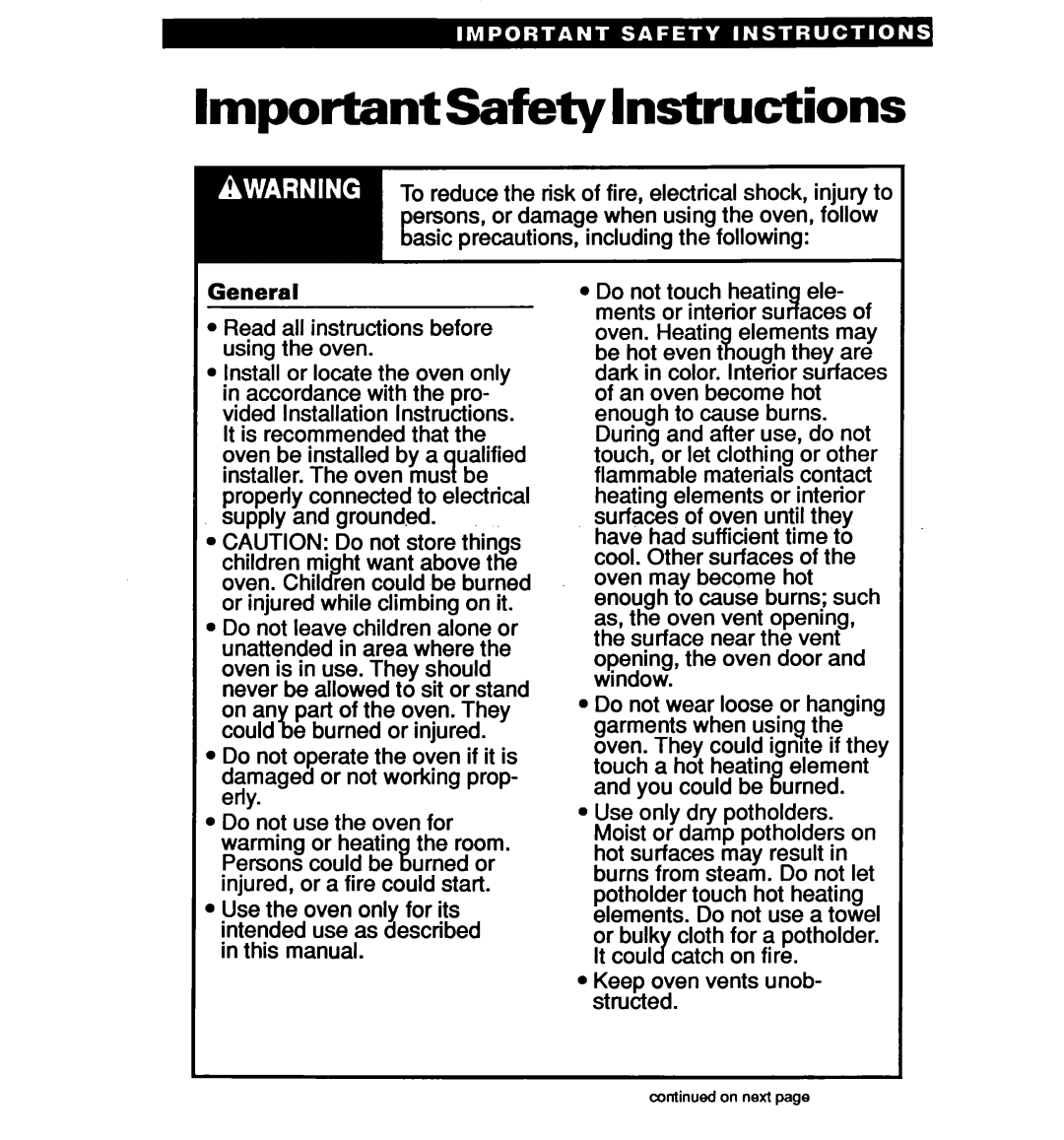 Whirlpool RB220PXY, RB1005XY, RB120PXY, RBl OOPXY warranty ImportantSafetylnstructions, General 