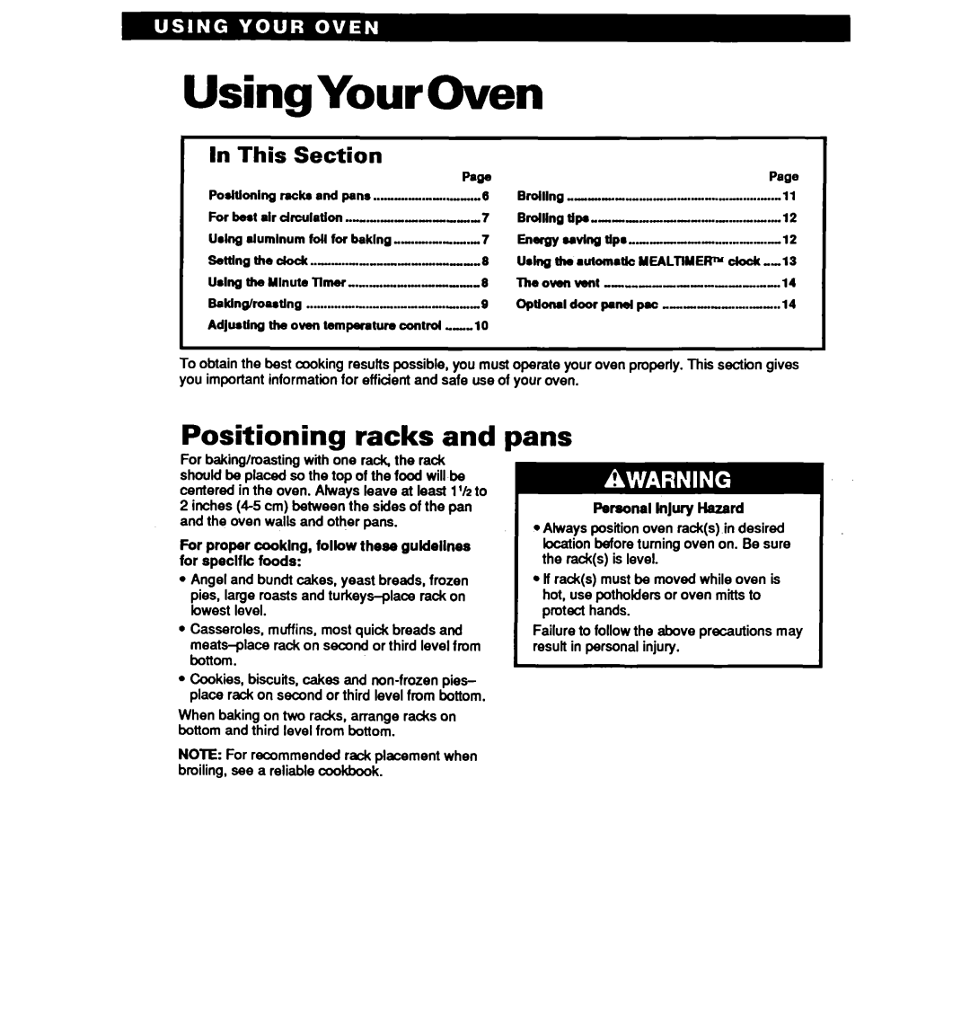 Whirlpool RBl OOPXY, RB1005XY, RB120PXY, RB220PXY warranty UsingYourOven, Positioning racks, Pans, Section 