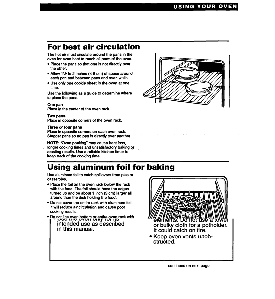 Whirlpool RB220PXY, RB1005XY, RB120PXY, RBl OOPXY warranty For best air circulation, Using aluminum foil for baking 