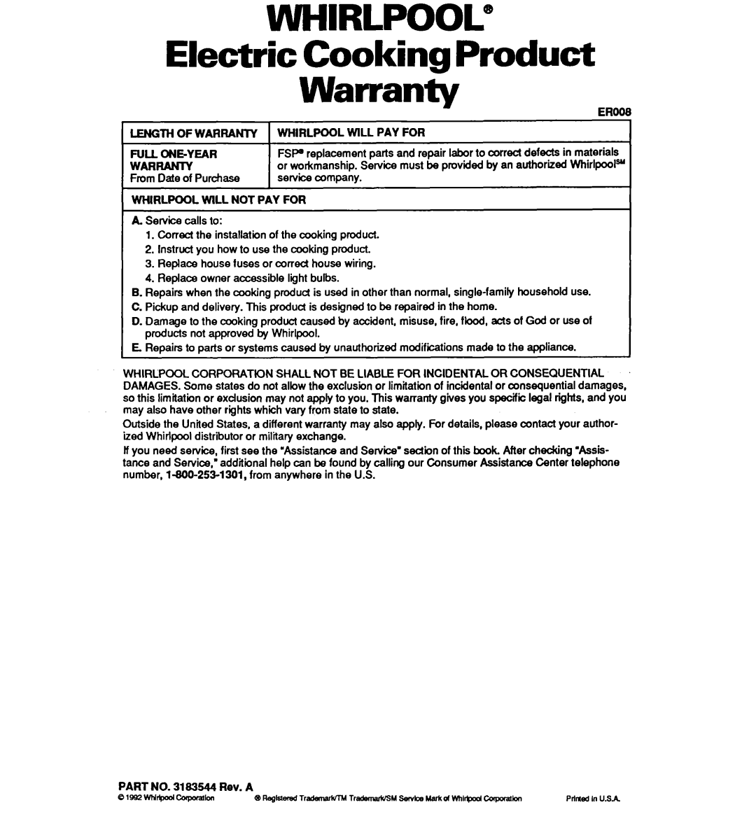 Whirlpool RB1005XY, RB120PXY, RBl OOPXY, RB220PXY warranty WHIRLPOOL@ Electric Cooking Product Warrantv 