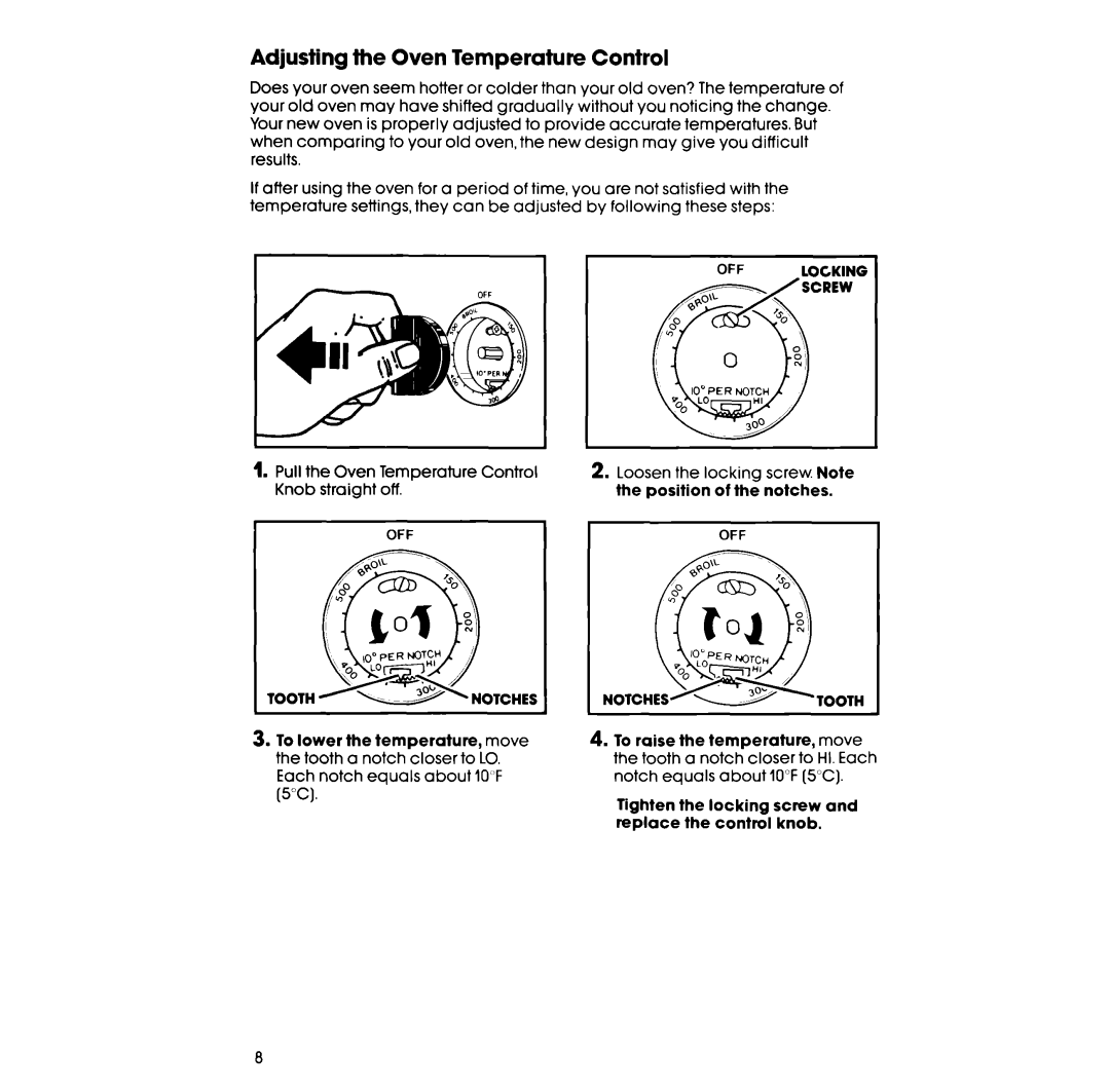 Whirlpool RB1200XV manual Adjusting the Oven Temperature Control, Tighten the locking screw and replace the control knob 