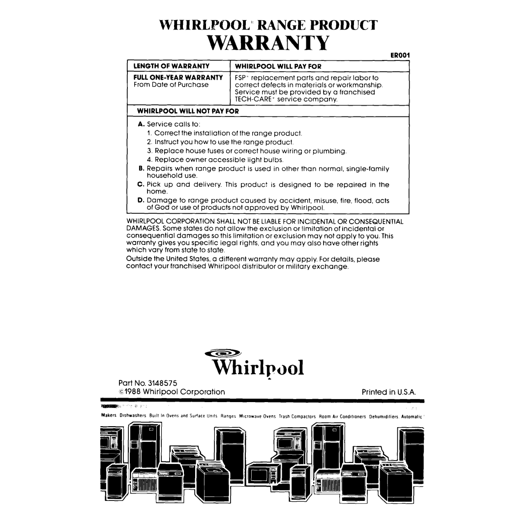 Whirlpool RB1200XV, RB120PXV manual Warranty, Whirlpool, WHIRLPOOL’i RANGE PRODUCT 