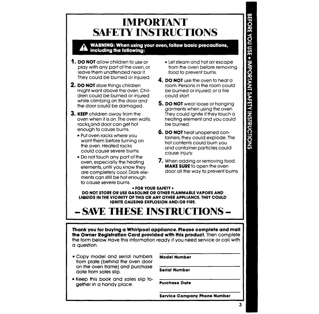 Whirlpool RB120PXV, RB1200XV manual Safety Instructions, Save These Instructions 