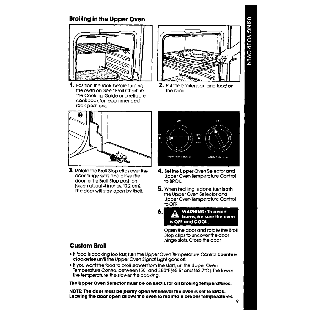 Whirlpool RB130PXV manual Broiling in the Upper Oven, Custom Broil 