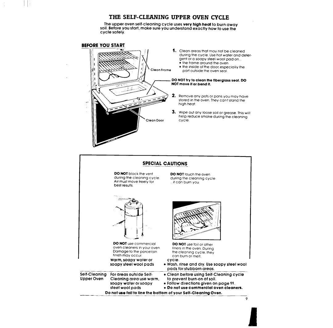 Whirlpool RB170PXL warranty SELF-CLEANING Upper Oven Cycle, Before YC3U Start, Special Cautions 