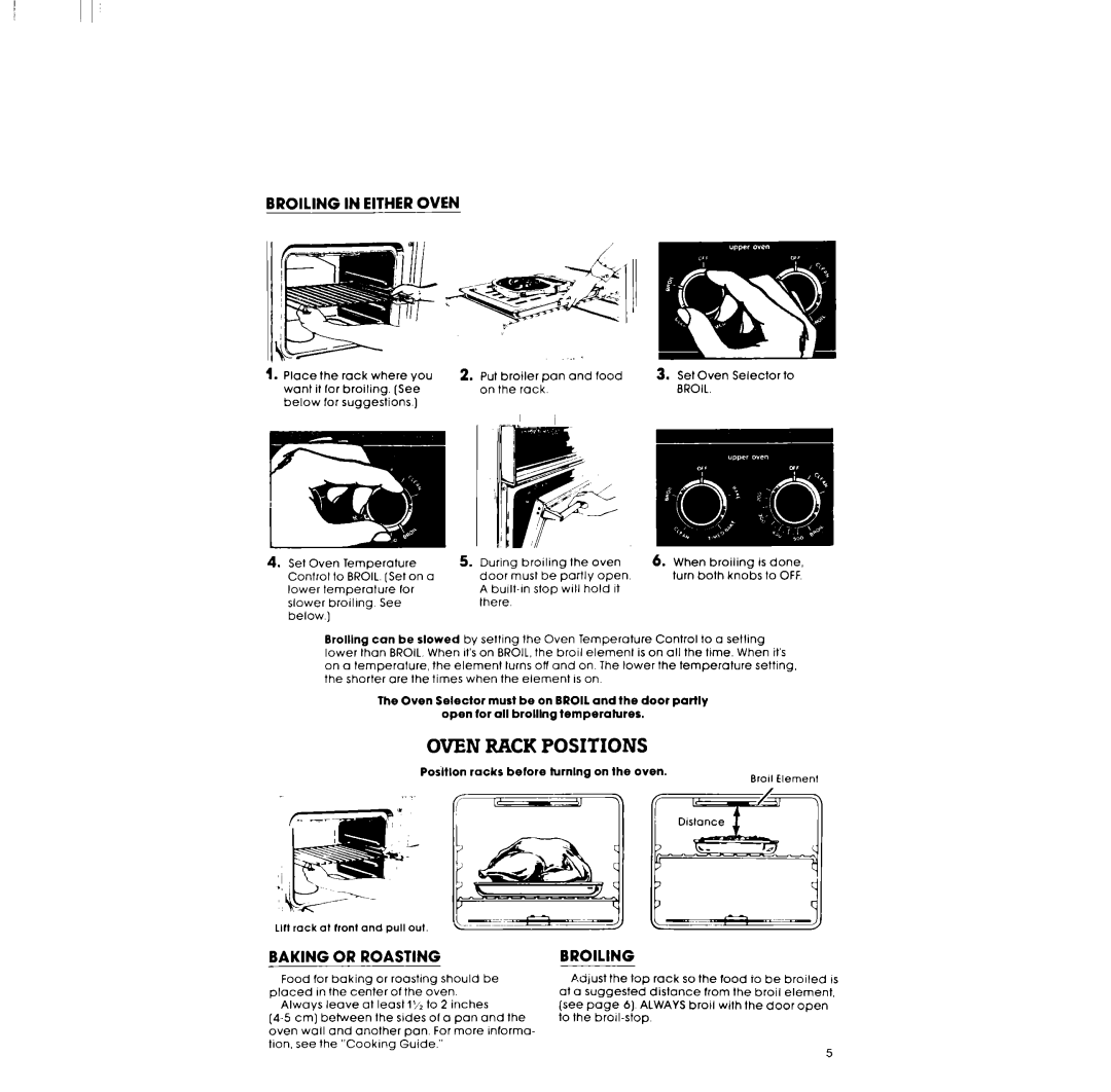 Whirlpool RB170PXL warranty Oven Rack Positions, Broiling in Either Oven, Baking or Roasting 