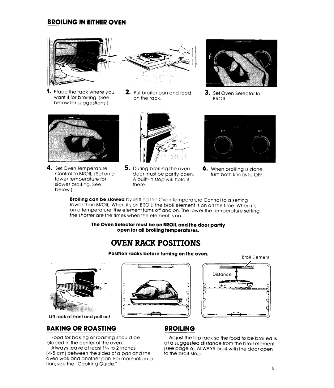 Whirlpool RB17UPXL warranty Oven Rack Positions, Broiling in Either Oven, Baking or Roasting 