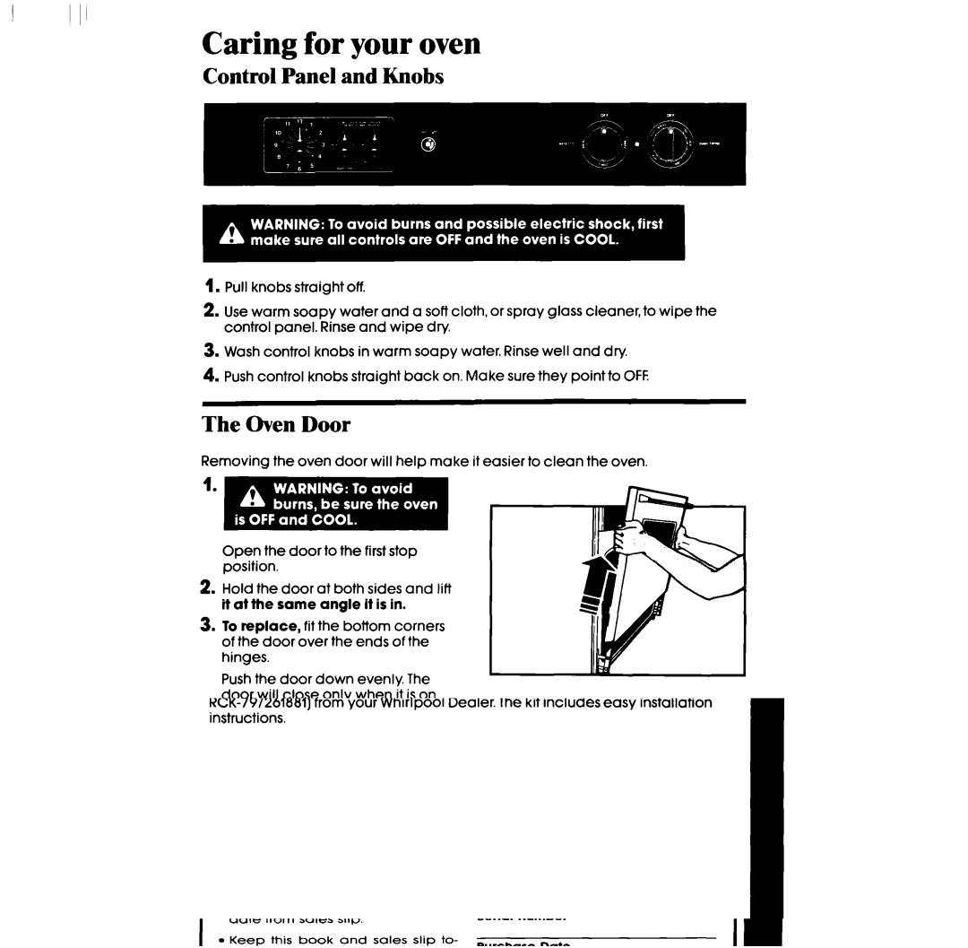 Whirlpool RB2000XV manual Caring for your oven, Control Panel and Knobs, Oven Door 