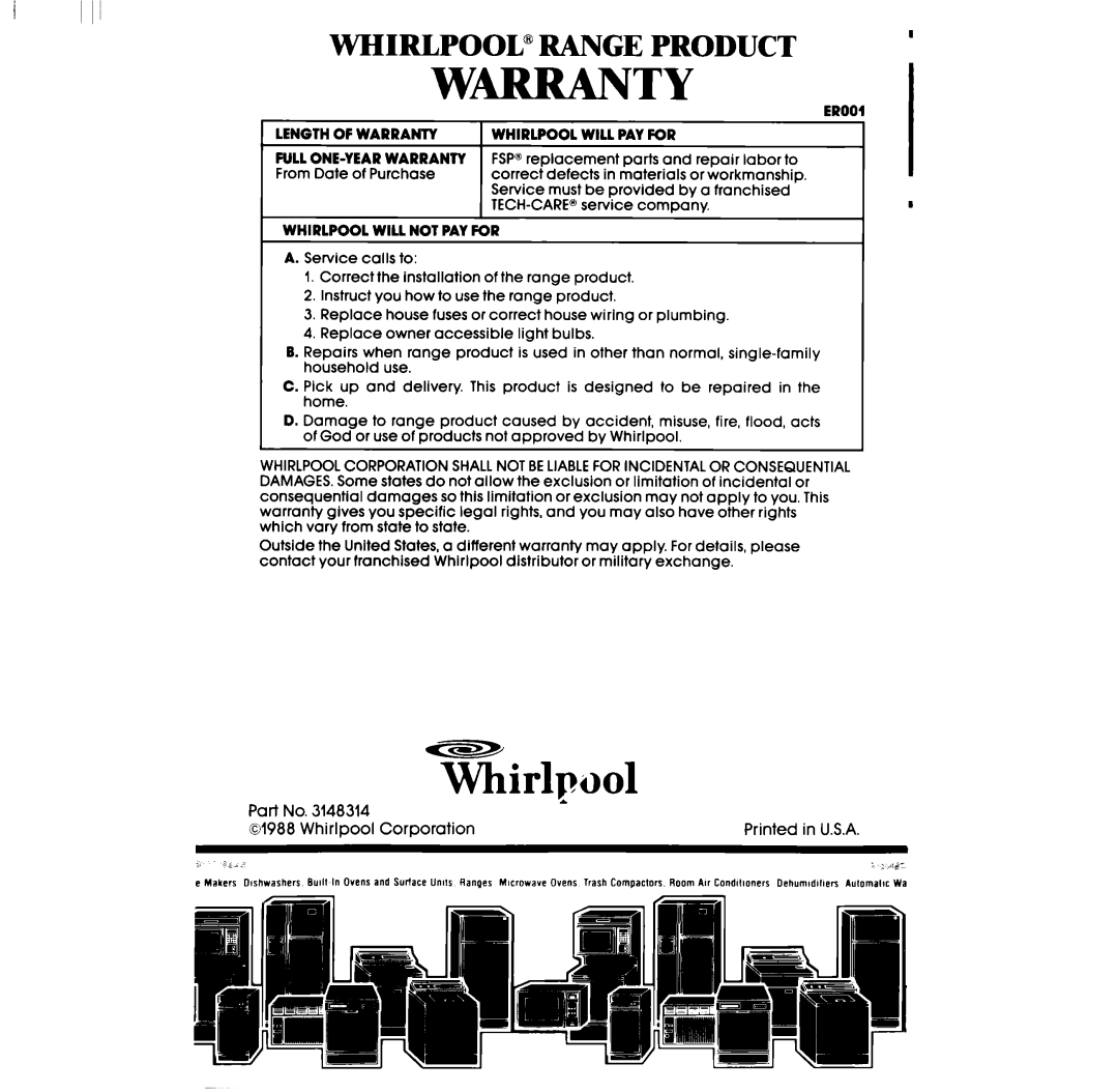 Whirlpool RB2000XV manual Whirlpool 