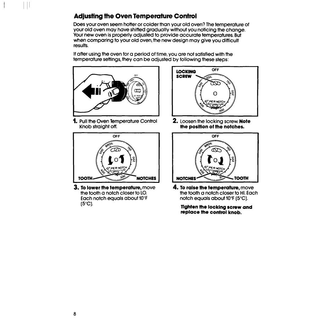 Whirlpool RB2000XV Adjusting the Oven Temperature Control, Notches, Tighten fhe locking screw and replace the control knob 