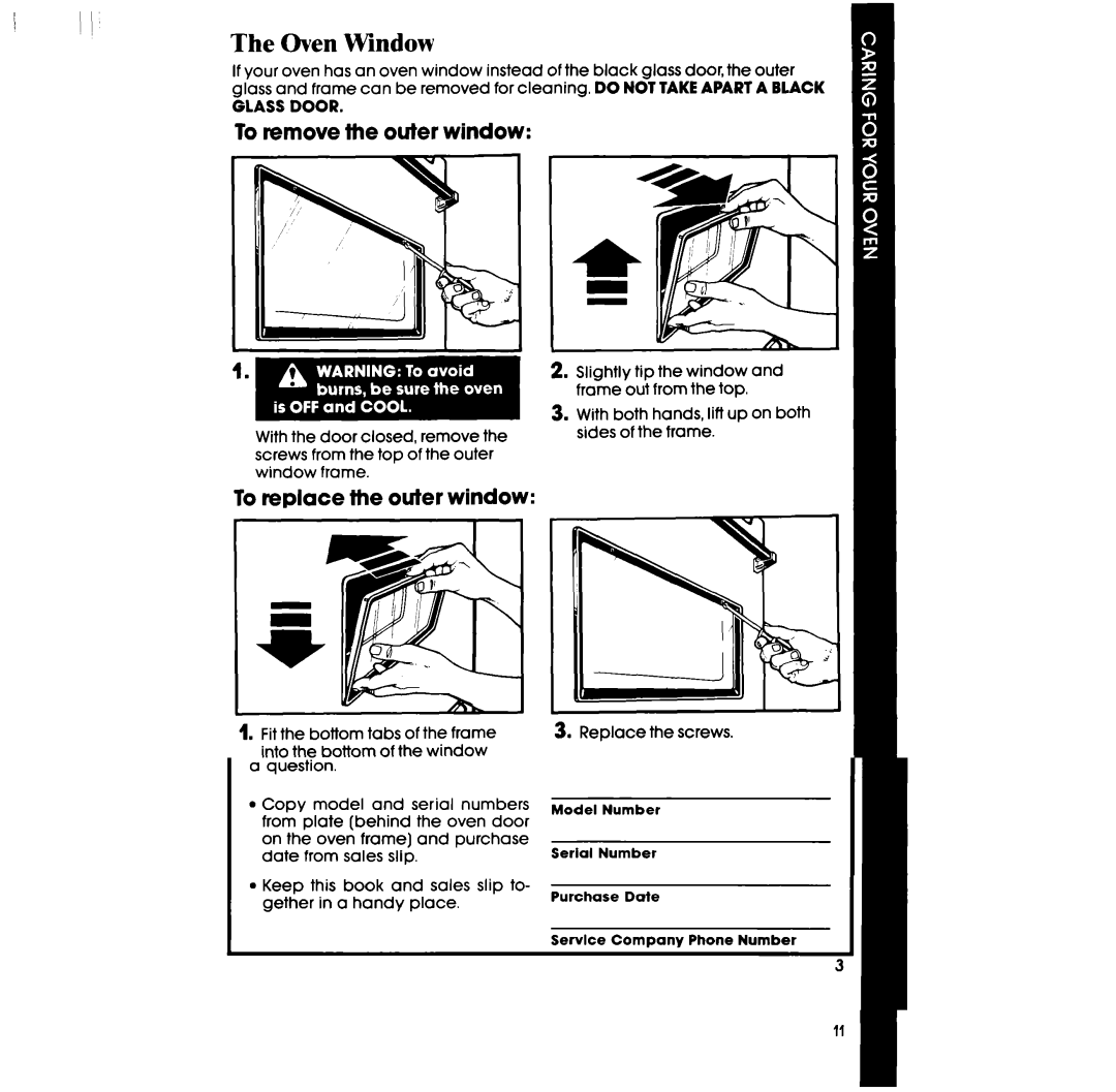 Whirlpool RB2200XV manual Oven Window, To remove the outer window, To replace the outer window 